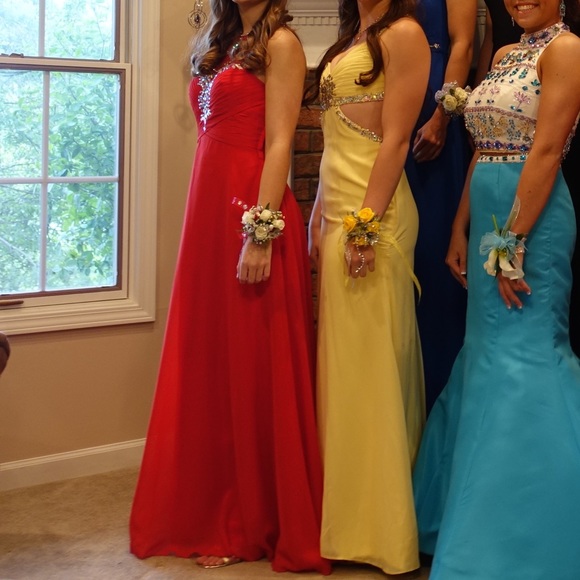 Red A-Line Beaded Prom Dress with Pleated Bodice - Picture 1 of 7